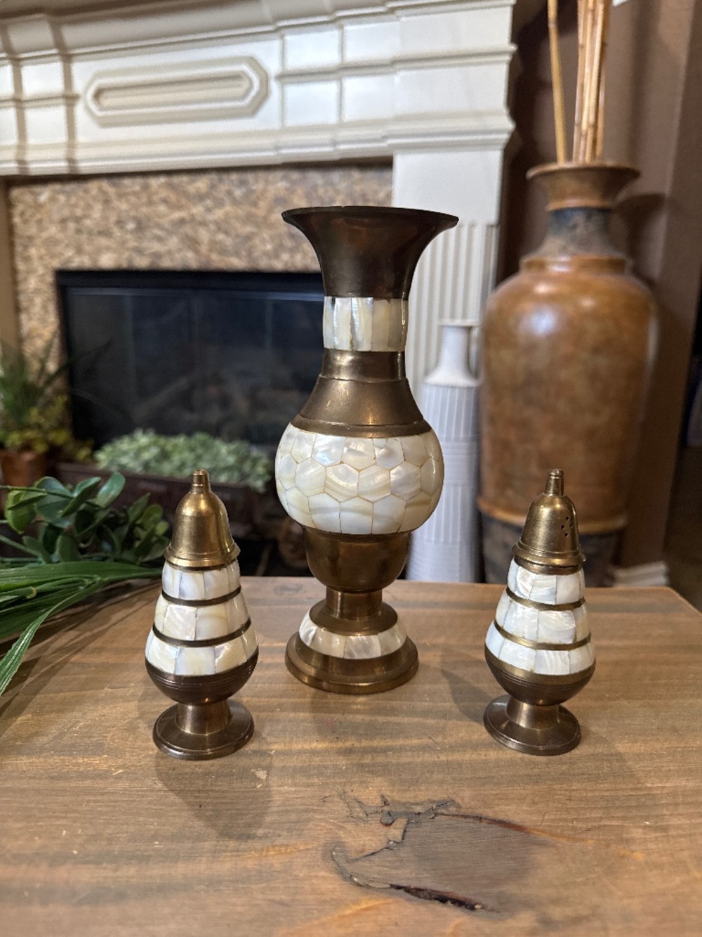 Vintage Brass/Mother of Pearl combo Bud Vase & Salt & Pepper Shakers
